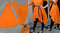 an orange dress is being cut out and placed on the floor next to a woman's legs