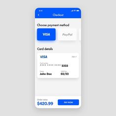 the checkout app is displayed on an iphone screen, displaying visa and credit cards