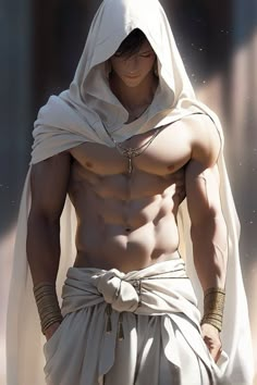 an image of a man with no shirt on in the middle of his body wearing a white robe