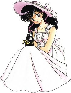 a drawing of a girl in a white dress and pink hat holding a black cat