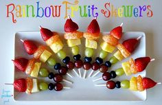 a white plate topped with fruit covered skewers