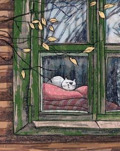 a drawing of a cat laying on a bed in front of a window with leaves