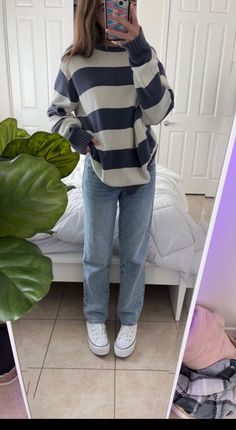 Simple Outfits For School, Striped Knit Sweater, Outfit Inspo Casual, Cute Outfits For School, Cute Preppy Outfits, Fall Fits, Horizontal Stripes, How To Pose