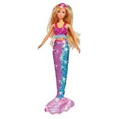 a barbie doll with long blonde hair and pink dress, standing on a white background