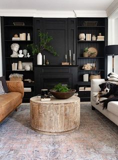 a living room filled with furniture and a dog laying on top of the couches