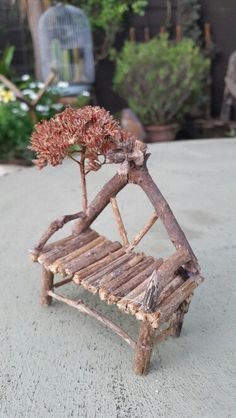 a small wooden bench with a tree growing out of it