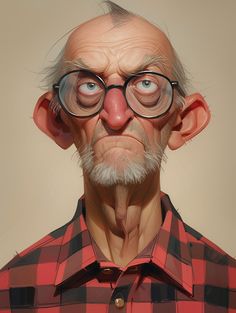 an old man with glasses and a red shirt is looking at the camera while wearing a pair of eyeglasses