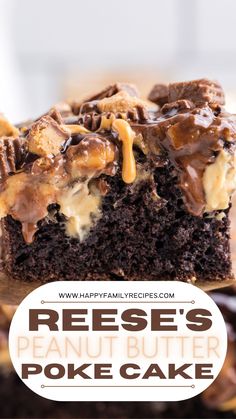 reese's peanut butter poke cake on a plate