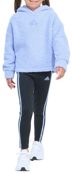 Fit and Design: TOP: relaxed fit offers room to move Hooded long-sleeve pullover made with soft & cozy Sherpa fleece BOTTOMS: fitted leggings hug the body Stretchy leggings with detached waistband for a snug feel Additional Details: Machine washable Cute Leggings, Stretchy Leggings, Leggings Set, Athletic Apparel, Athletic Outfits, Sherpa Fleece, Workout Leggings, Long Sleeve Pullover, Girl Outfits