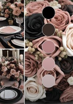 Wedding Schemes Fall, Blush Fall Wedding Colors, Romantic Dark Wedding Color Palettes, Wedding Ideas Elegant Color Palettes, Fall Wedding Colors October Blush Pink, Black Mauve Wedding, Wedding Colour Palettes Winter, Dark Floral Color Palette, Mauve And Black Color Palette