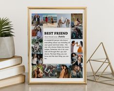 the best friend poster is displayed next to books and a potted plant on a table