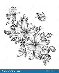 black and white drawing of flowers with butterflies on the background, hand drawn pencil illustration