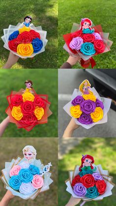 the paper flowers are being held in different directions to make them look like princesses