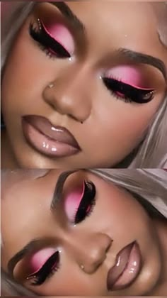 Pink Dramatic Makeup, Face Beat Makeup Glitter, Nicki Minaj Makeup Looks, Hot Pink Makeup Looks Black Women, Pink Birthday Makeup For Black Women, Hot Pink Prom Makeup, Light Pink Makeup Looks Black Women, Birthday Eyeshadow Looks, Black And Pink Eyeshadow