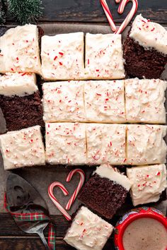 brownies with white frosting and candy canes