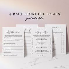 four bachelor game cards on a marble table with the words bachelor games written in black