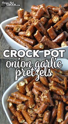 two bowls filled with crock pot onion garlic pretzels on top of a wooden table