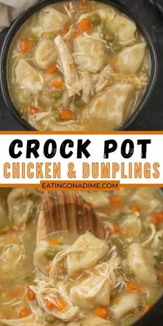 crock pot chicken and dumplings soup in a black bowl with a wooden spoon