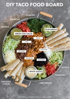 a plate with different types of taco salads on it and labeled in the words