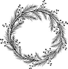 a black and white drawing of a wreath made out of branches with berries on it