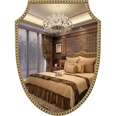 a fancy bedroom with a chandelier hanging from the ceiling and a bed in front of a window