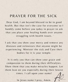 a poem written in black and white with the words prayer for the sick on it