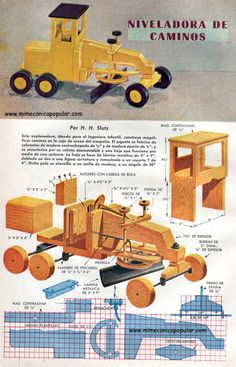 an advertisement for a wooden toy truck with instructions on the front and side, in spanish