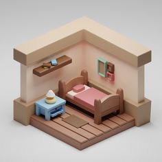 a small doll house with a bed and desk