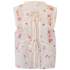 This delicate top from our Afternoon Tea collection brings a touch of vintage charm to your wardrobe. The intricate lace tie-ups and soft floral print evoke the nostalgia of grandma's kitchen, making it a perfect piece for those who cherish simple, heartfelt moments. The lightweight fabric feels gentle against the skin, and the versatile design pairs beautifully with denims or whites. Whether you're enjoying a quiet afternoon tea or a leisurely walk in the park, this top adds a subtle sweetness Spring Cottagecore Lace Top, Lace Floral Print Tops For Daywear, Lace Tops With Floral Print For Daywear, Feminine Lace Top For Spring Daywear, Feminine Crochet Trim Tops For Daywear, Vintage Lace Patchwork Tops For Summer, Bohemian Tops With Lace Collar For Spring, Feminine Floral Embroidery Tops For Daywear, Bohemian Spring Tops With Lace Collar