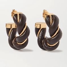 Bv Interwoven Hoop Earrings. Gold And Black/Dark Chocolate Lambskin Leather Twist. A Classic! Perfect Condition. Luxury Brown Teardrop Earrings, Botegga Venetta Earrings, Botegga Venetta Drop Earrings, Bottega Veneta Teardrop Earrings, Bottega Veneta Silver Earrings, Lambskin Leather, Brown Gold, Dark Black, Bottega Veneta