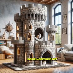 a cat sitting on top of a castle shaped bed in a living room next to a window