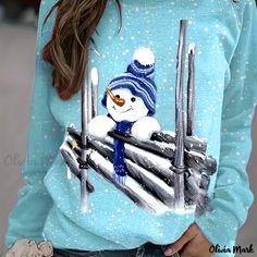 Olivia Mark - Womens Plus Size Snowman Print Casual T-shirt: Long Sleeve Round Neck Top with Subtle Stretch Style Sweaters, Christmas Style, Round Neck Tops, Plus Size Womens Clothing, Christmas Fashion, Print Pullover, Plus Size Casual, Long Sweaters, Long Sleeve Casual