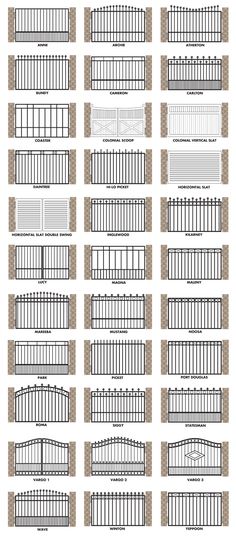 the different types of fences and gates in various styles, sizes and colors are shown