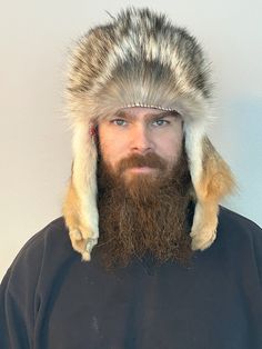 Coyote mountain man style hat, with two legs. Hand-sewn, with an added fabric liner in black. Winter Hunting Hat Band With Flat Brim, Winter Hunting Hat With Short Brim, Brimmed Winter Hunting Hat, Adjustable Winter Hunting Hat Bands, Adjustable Winter Hat Bands For Hunting, Brown High Crown Winter Hat, Mountain Man Style, Coyote Fur, Trapper Hats