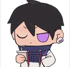 an anime character with black hair and purple eyes, holding a drink in his hand