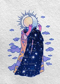 an image of jesus holding the sun above his head with clouds and stars in the background