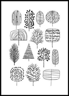 a black and white drawing of different trees