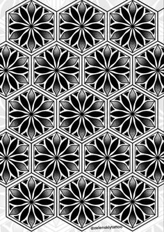 an abstract black and white pattern with hexagonal shapes in the center, on a gray background