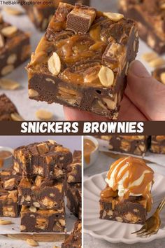 there are several pictures of brownies with caramel and nuts on top, including one in the middle