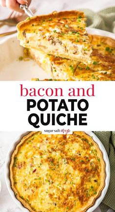 bacon and potato quiche on a white plate with a hand holding a serving spoon