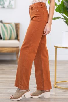 Product Details Wash/Color: Cognac Rise: High Rise Style: Wide Leg Pants Color Season: Autumn Material and Care 93% Cotton 6% Polyester 1% Spandex Hand Wash Cold Line Dry Size and Fit Rise: 11" Inseam: 31.5" 0=24 1=25 3=26 5=27 7=28 9=29 11=30 13=31 15=32 14W=34 16W=36 18W=38 Model is 5'8 and wearing a size small Amanda Williams, Style Wide Leg Pants, High Rise Style, Color Season, Stretch Dress Pants, Judy Blue Jeans, Floral Print Tops, Stretch Dress