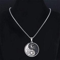 Sun Moon Yin Yang Necklace Stainless Steel Celestial Amulet Pendant Close View Moon Yin Yang, Yin Yang Necklace, Sun And Moon Necklace, Statement Bib Necklace, Jewel Necklace, Pewter Pendant, Yin And Yang, Beaded Statement Necklace, Silver 925 Necklace