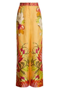 These silk pants feature an oh-so-'70s floral print and a relaxed, wide-leg silhouette with a tailored high waist. 32" inseam; 28" leg opening; 14" front rise; 15" back rise (size medium) Zip fly with two-button closure Side-seam pockets 100% silk Dry clean Made in Australia Designer Clothing Spring Floral Print Wide Leg Pants, High-waisted Floral Wide Leg Pants For Spring, Retro Wide-leg Pants For Spring, Summer Wide Leg Silk Pants, Chic Floral Print Wide Leg Pants For Summer, Chic Summer Floral Print Wide Leg Pants, Bohemian Wide Leg Floral Pants For Spring, Chic Silk Wide Leg Pants For Summer, Chic Summer Wide Leg Pants With Floral Print