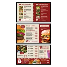 two menus with different types of food on them