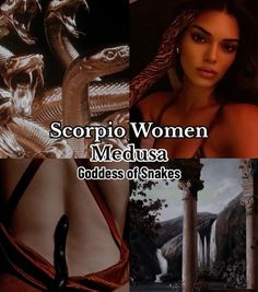 the cover of scorpion women in medusa goddess of snakes, and an image of a woman holding a snake