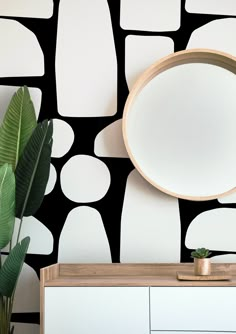 a mirror sitting on top of a dresser next to a plant