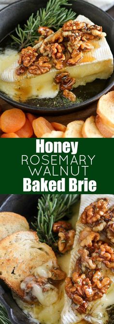 honey rosemary baked brie in a cast iron skillet with carrots and bread