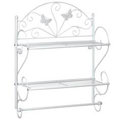 a white metal shelf with two shelves and butterflies on the top, against a white background