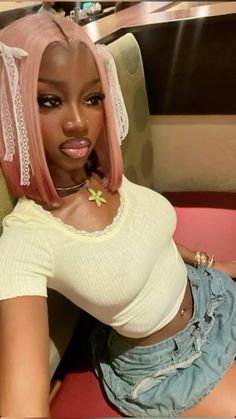 Coquette Black Women, Pink And Black Wig Black Women, Coquette 4c Hairstyles, Pink Bob Wig On Dark Skin, Light Pink Wig On Dark Skin, Pink Wig Dark Skin, Girly Fits, Black Femininity, Hair Laid