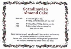 a recipe for scandinavian almond cake with instructions on how to bake it in the oven